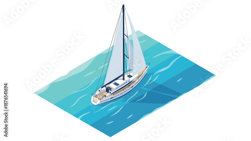 Isometric sailboat on blue ocean waves: minimalist nautical design for adventure themes