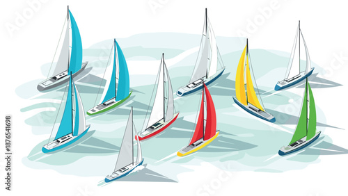 Colorful sailboats on water in modern flat design