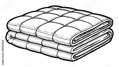 Black and white line drawing of two neatly folded quilted blankets showcasing a soft and comfortable bedding concept, perfect for textile product displays or home decor publications.