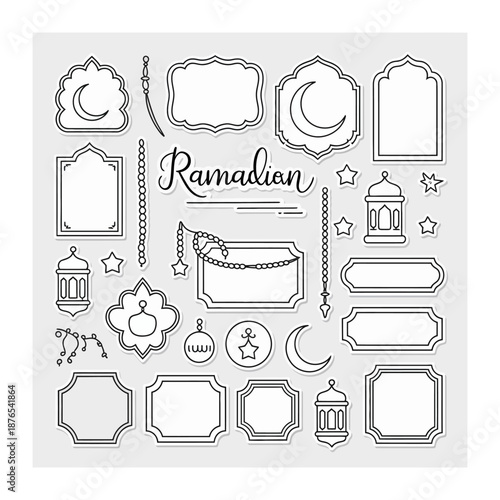 Ramadan Elements: An array of artistic elements for Ramadan celebrations, featuring lanterns, stars, crescents, and decorative frames with an inviting illustration style.