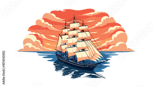 Majestic sailing ship at sunset with dramatic clouds and reflective waters