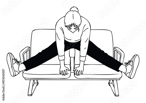 A woman performing a straddle stretch on a comfortable indoor bench, focusing on flexibility and relaxation for a balanced lifestyle