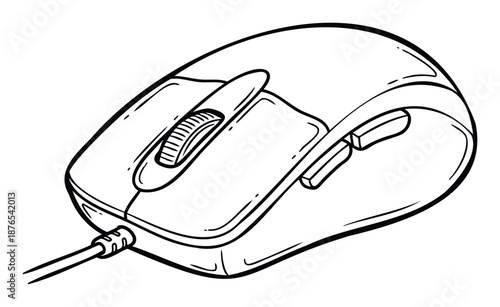 Essential wired computer mouse with scroll wheel and side buttons for various computing tasks and everyday office work or gaming setup visuals