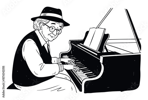 A smiling senior man wearing a fedora hat and round glasses plays a grand piano with an open sheet music book, embodying the joy of music and providing a visual for music lessons or concert