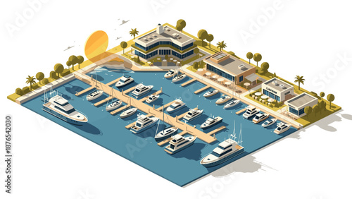 Isometric marina at sunrise with yachts and modern buildings