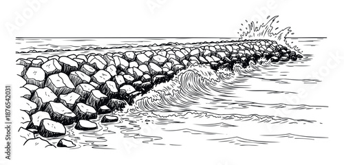 Hand drawn sketch depicting a strong rocky sea wall protecting the coastline from powerful ocean waves, ideal for illustrating concepts of marine construction and natural forces