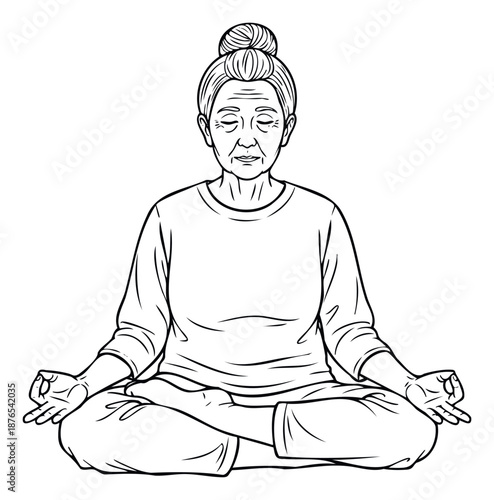 Senior woman practicing meditation in a serene yoga pose, embodying tranquility and mental wellness, suitable for health and lifestyle publications