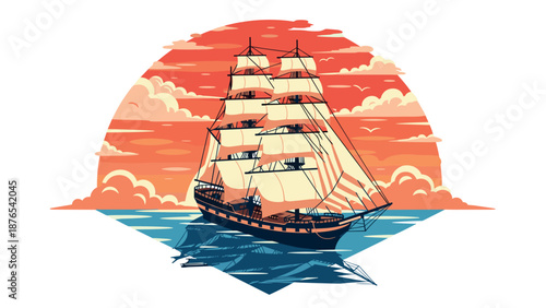 Vintage sailboat at sunset with dramatic sky and ocean waves