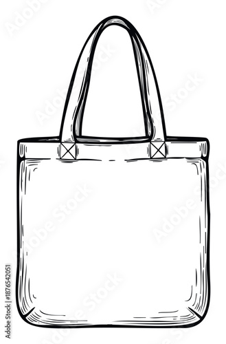 Hand drawn minimalist outline sketch of a blank reusable shopping tote bag suitable for eco friendly branding mockups or sustainable lifestyle promotions.