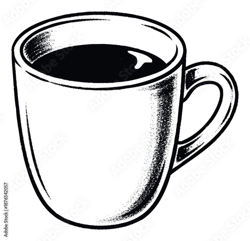 Textured black and white coffee mug drawing perfect for cafe branding, restaurant menus, and comfort beverage promotions