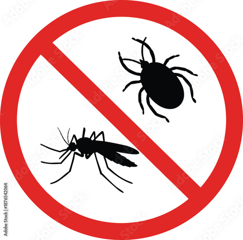Mosquito and tick prohibition warning sign, pest control concept, insect prevention symbol, health safety, vector control image