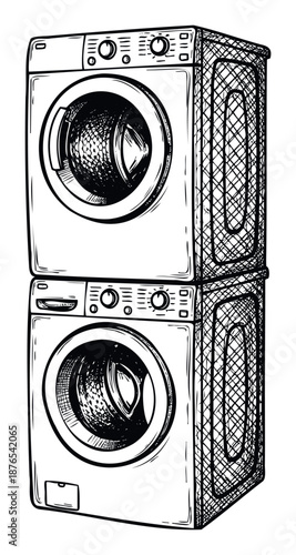 Stacked washer and dryer unit with a laundry basket, illustrating domestic chores and modern home appliances for various household product promotions and service advertisements.