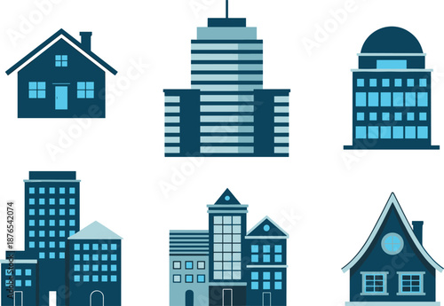Minimalist building icons set featuring residential houses and modern city architecture illustrations for real estate urban design projects branding marketing