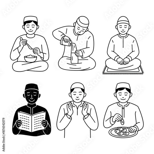 Muslim Lifestyle: A set of illustrations showcasing various aspects of the daily life of a Muslim individual, covering actions such as eating, drinking, praying, and reading. 