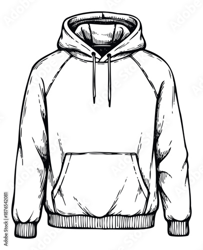 Versatile black and white hand drawn style hoodie sketch offering a casual apparel graphic ideal for clothing brand designs, fashion blogs, or active wear merchandise.