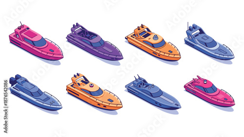 Colorful isometric yacht collection showcasing unique nautical designs in flat style