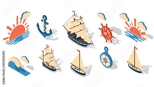 Nautical adventure in isometric style with sailboats, compass, anchors, and waves