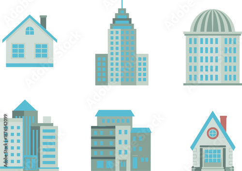 Minimalist building icons set featuring residential houses and modern city architecture illustrations for real estate urban design projects branding marketing