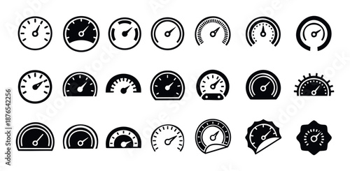 Collection of monochrome speedometer and gauge icons illustrating measurement, speed, progress, and performance, perfect for user interface design, app development, and infographic