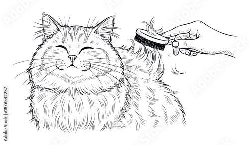 A contented fluffy cat with closed eyes enjoys being gently groomed by a human hand using a brush, perfect for pet care advertisements and animal comfort content