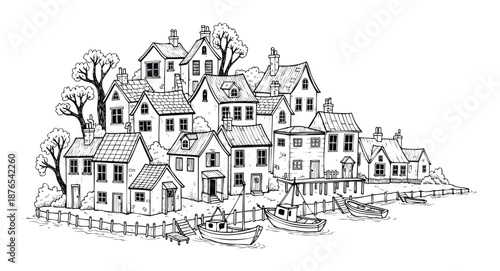 Quaint coastal village scene featuring numerous charming traditional houses nestled on a hillside with trees and small fishing boats moored in the tranquil harbor for various publishing and