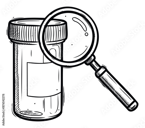Medical laboratory examination tools featuring a specimen container and a magnifying glass for healthcare diagnostics and scientific research applications