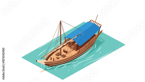 Isometric traditional wooden boat with blue canopy on water background