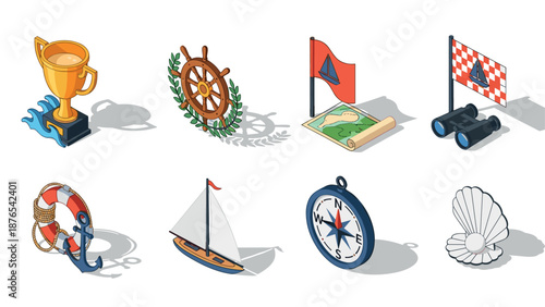 Isometric nautical icons: trophy, ship wheel, compass, sailboat, anchor