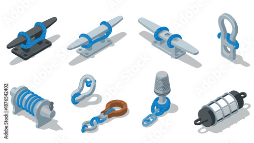 Nautical hardware collection: isometric boat cleats, hooks, and fittings in blue and gray