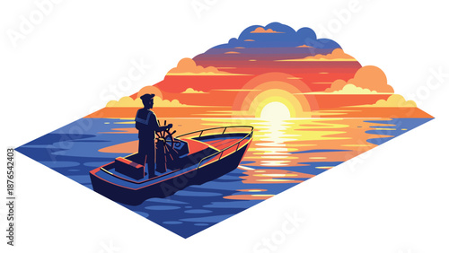 Sunset cruise: vibrant scene of boater on tranquil waters against a stunning sunlit horizon