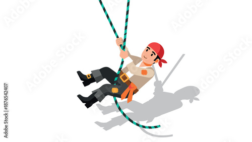 Cartoon pirate climbing rope with shadow on white background