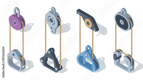 Isometric mechanical pulley systems on white background