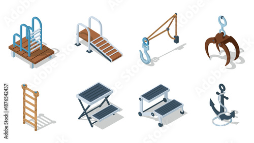 Isometric marine equipment set featuring hooks, ladders, and platforms