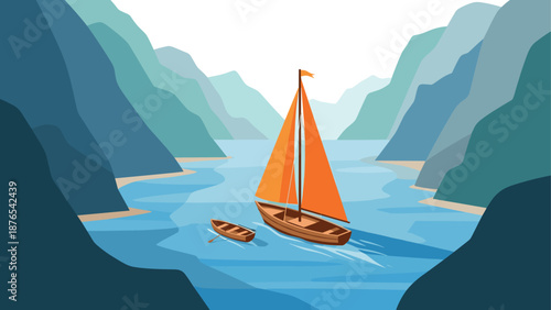 Scenic traditional sailboat journey through serene mountain fjord in minimalist style