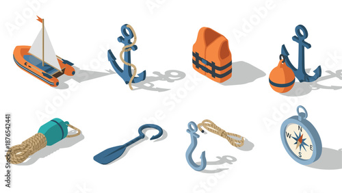 Isometric nautical icons: boat, anchors, life jacket, and compass set