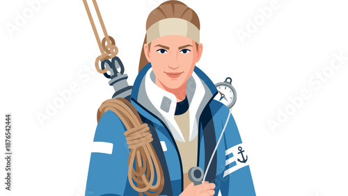 Female sailor with compass and rope in blue jacket, nautical adventure
