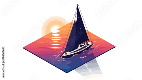 Sailboat on abstract water with sunset in vibrant gradient style