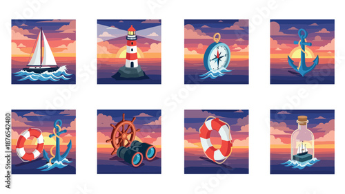 Nautical sunset collection: maritime objects with vibrant ocean background