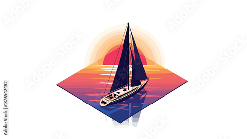 Sailboat at sunset with geometric reflection and vibrant sky