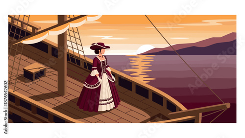 Elegant lady in historical dress enjoying a sunset on a ship deck