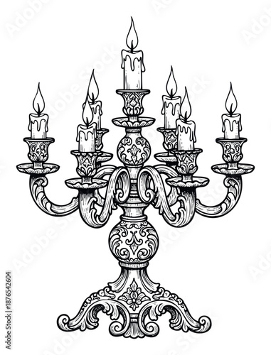 Elaborate antique candelabra with seven lit candles, featuring ornate scrollwork and classic design, perfect for historical event invitations, elegant decor publications, or festive