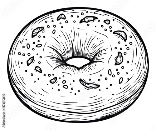 Delightful hand drawn outline of an everything bagel featuring classic sesame seeds and dried garlic flakes ideal for breakfast menus bakery posters and food related digital content