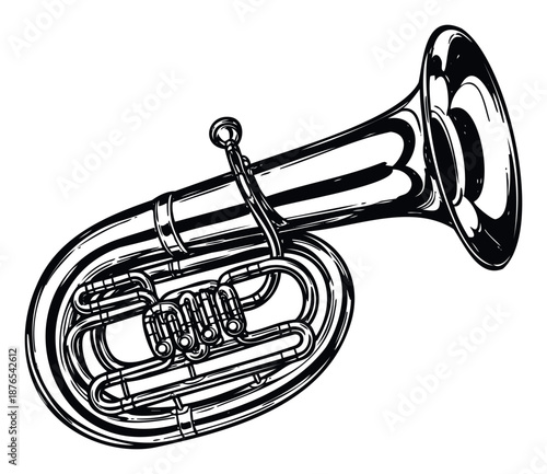 Dynamic black and white line sketch of a classical brass wind instrument suitable for music educational materials and concert advertising