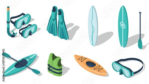 Isometric water sports equipment set featuring snorkel, kayak, surfboard, paddle, flippers, and goggles