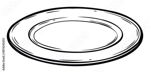 Simple black line drawing depicting an empty round plate or dish ideal for various culinary food and restaurant themed presentations menus and digital media
