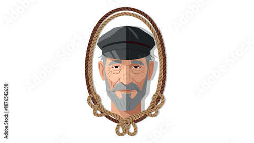 Sailor portrait with cap framed by nautical rope in flat style