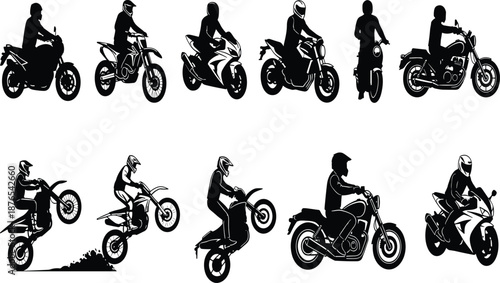Motorcycle rider silhouette collection, biker performing stunts, dirt bike jumps, motorbike racing action, extreme sport illustration, motocross adventure design