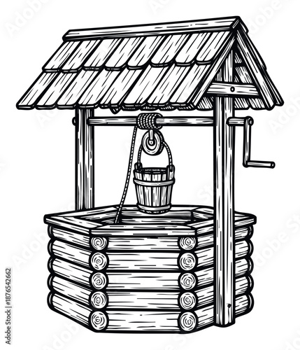 Classic rural water well made of logs featuring a protective roof and an antique bucket with a winding handle for historical farming and traditional supply concepts
