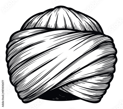 Ornate black and white drawing of an ancient turban, showcasing detailed textile textures perfect for education materials, book covers, or branding related to heritage.