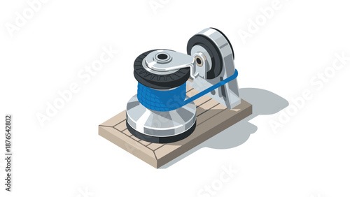 Isometric nautical winch with blue rope: marine equipment on wooden base